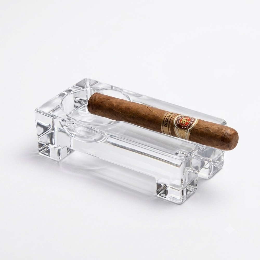 Vintage MCM Luxury Heavy Clear Glass Crystal Cigar Rest Holder Ashtray FLAWS